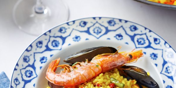 Typical spanish seafood paella in a dish